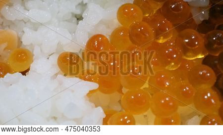 Close Up Of Sashimi Salmon Roe With Rice Bowl Or Donburi In Japanese Style Food.