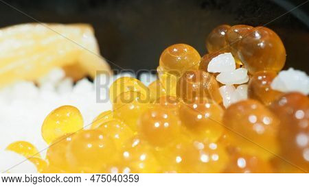 Close Up Of Sashimi Salmon Roe With Rice Bowl Or Donburi In Japanese Style Food.
