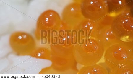 Close Up Of Sashimi Salmon Roe With Rice Bowl Or Donburi In Japanese Style Food.