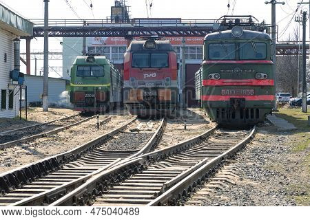 Volkhov, Russia - April 17, 2023: Three Russian Electric Locomotives At The Building Of The Locomoti