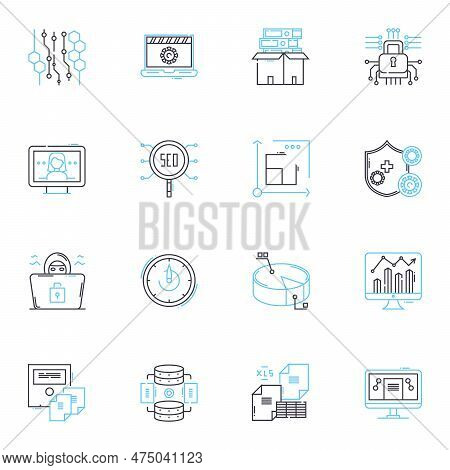 Data Management Linear Icons Set. Organization, Storage, Retrieval, Analysis, Governance, Security, 