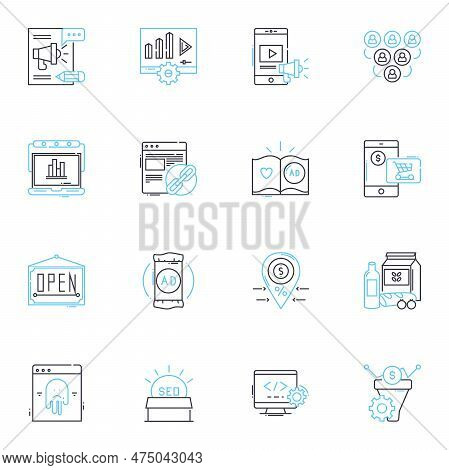 Promotional Tactics Linear Icons Set. Advertising, Branding, Nerking, Engagement, Outreach, Sampling