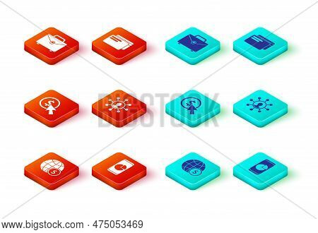 Set Earth Globe With Dollar, Mobile Phone Graph Chart, Cursor And Coin, Business Network Communicati