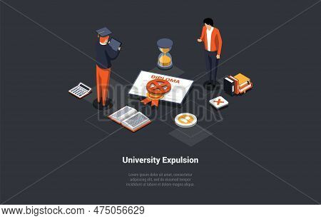 Univercity Expulsion Concept. Confused Frustrated Student In Graduation Hat Fail An Exam, Has Got Wo