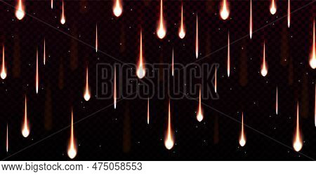 Realistic Blue Light Effect Of Meteor Rain In Sky. Glowing Comets With Flame Trails Isolated On Tran