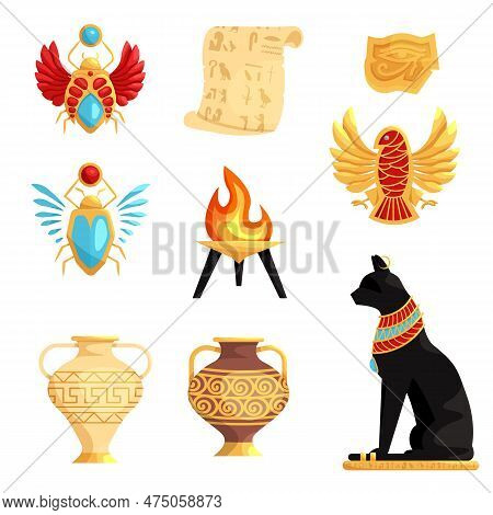 Set Of Isolated Egyptian Or Egypt Symbols. Ancient Egypt Mural. Egyptian Mythology.