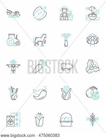 Farm Management Software Linear Icons Set. Agribusiness, Crops, Livestock, Agriculture, Yields, Harv