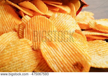 Potato Chips In Open Bag, Delicious Bbq Seasoning Spicy For Crips, Thin Slice Deep Fried Snack Fast 
