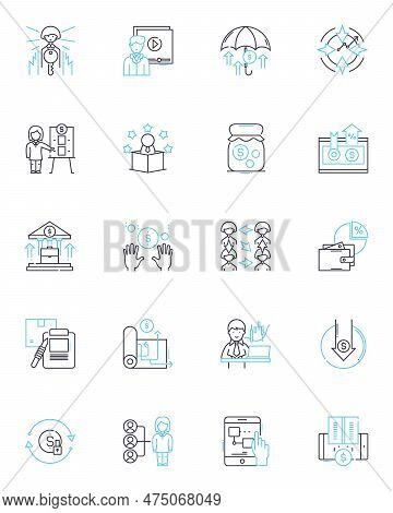 Financial Consciousness And Guidance Linear Icons Set. Budgeting, Investing, Savings, Debt, Planning