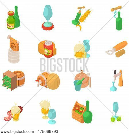 Alcohol Tycoon Icons Set. Isometric Set Of 16 Alcohol Tycoon Icons For Web Isolated On White Backgro