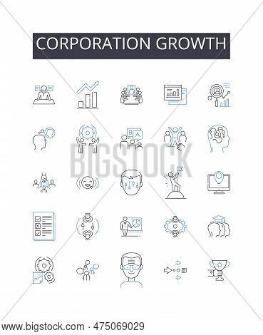 Corporation Growth Line Icons Collection. Company Expansion, Business Development, Enterprise Progre