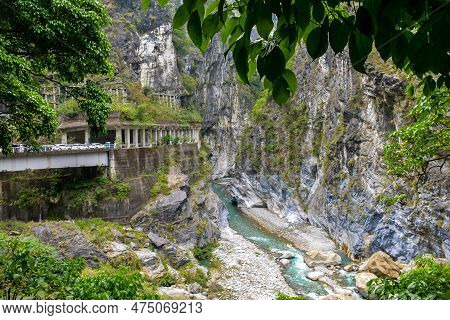 Swallow Grotto Yanzikou Trail With Narrow Turquoise Liwu River Gorge Underneath And High Mountain Cl