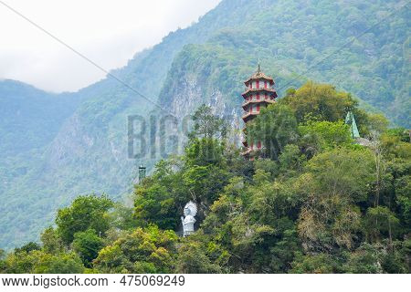 Chinese Pagoda And Buddha Statue At The Top Of Mountain In Taroko National Park Gorge In Hualien, Xi