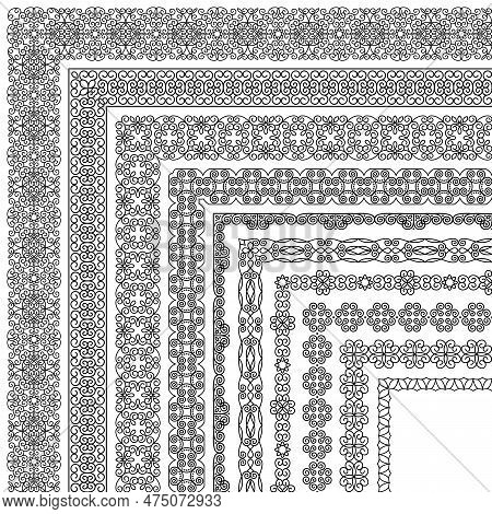 Set Of Elegant Vector Corner Brushes In Vintage Style. For Design, Text Decoration, Book Pages, Invi