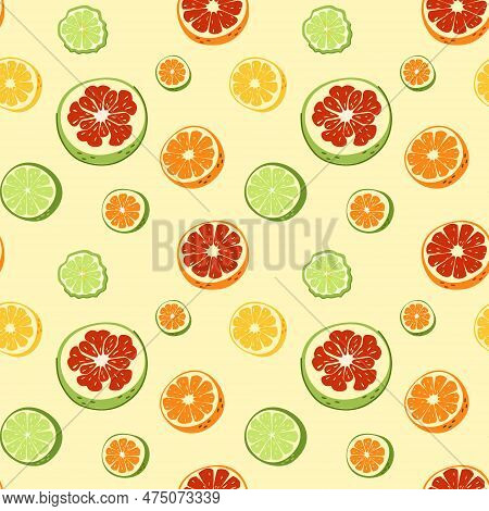 Seamless Pattern Of Juicy Slices Of Citrus Fruits In A Hand-drawn Style. Vector Illustration On A Li