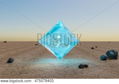 Ice Prism Pyramid Cube Hovering In The Air In Large Empty Desert Environment; Abstract Surreal Conce