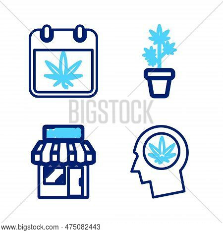 Set Line Head In Profile With Marijuana, Marijuana And Cannabis Store, Plant Pot And Calendar Icon. 