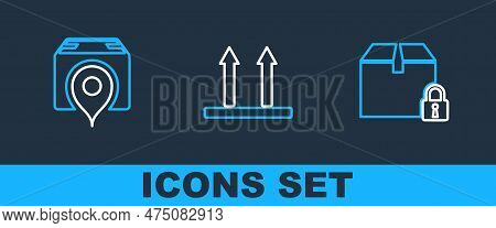 Set Line Locked Package, Location With Cardboard Box And This Side Up Icon. Vector
