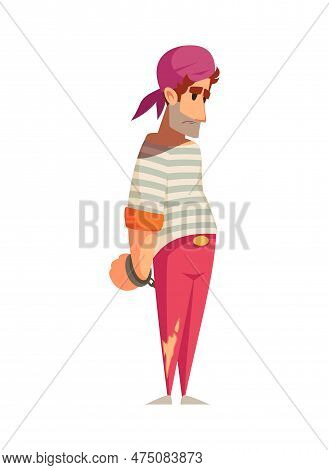 Sad Captive Or Arrested Handcuffed Male Pirate Cartoon Vector Illustration