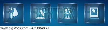 Set Hotel Door Lock Key, Surfboard, Location On The Globe And Photo. Square Glass Panels. Vector