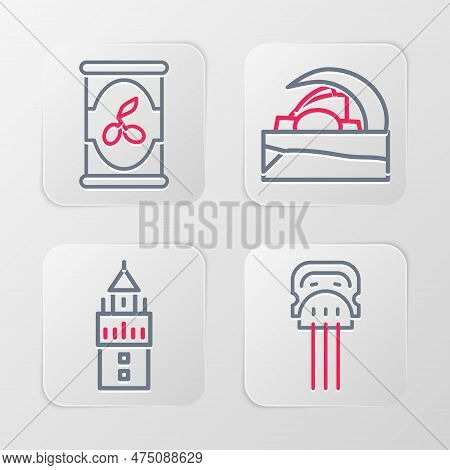 Set Line Peineta, Giralda, Concert Hall De Tenerife And Olives Can Icon. Vector