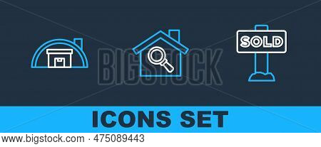 Set Line Hanging Sign With Text Sold, Warehouse And Search Icon. Vector