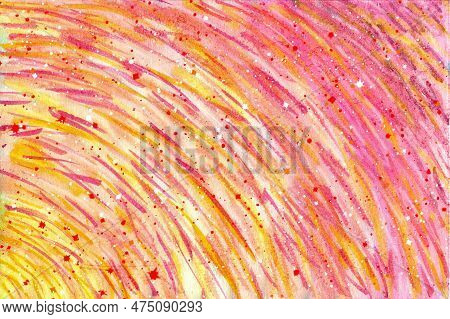 Pink And Yellow Watercolor Radial Lines Radiate From The Bottom Corner. Abstract Sunny Watercolor Ba