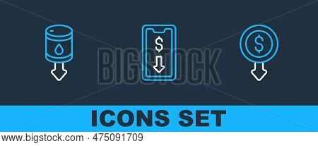 Set Line Dollar Rate Decrease, Drop In Crude Oil Price And Mobile Stock Trading Icon. Vector