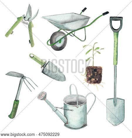 Garden Tools Set. Horticultural. Agricultural. Watercolor Illustration For Postcard.