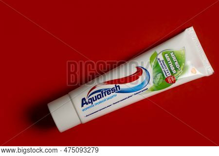 April 20, 2023 Ukraine City Kyiv Aquafresh Toothpaste On A Colored Background