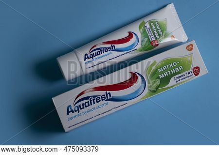 April 20, 2023 Ukraine City Kyiv Aquafresh Toothpaste On A Colored Background