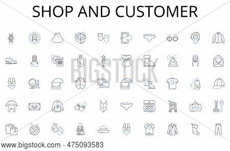Shop And Customer Line Icons Collection. Graffiti, Concrete, Skyscrapers, Alleyways, Streetlights, T