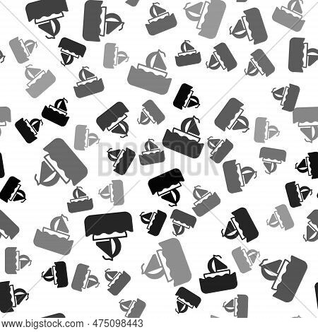 Black Yacht Sailboat Or Sailing Ship Icon Isolated Seamless Pattern On White Background. Sail Boat M