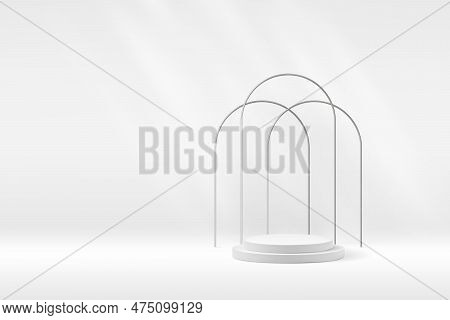 White Product Podium Background With Tripple Silver Arch. Premium Abstract Light Vector Beauty Exhib