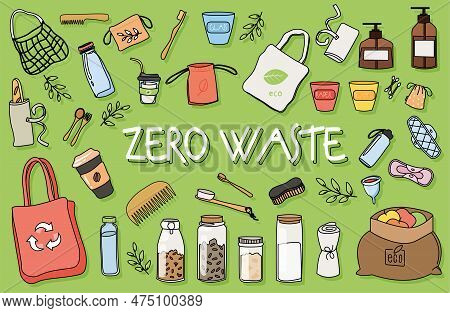 Zero Waste Collection. Collection Of Jars, Brushes And Sticks, Packages. Caring For Environment, Red