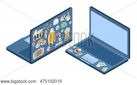 Stickers On Laptop. Set Of Decorations For Personal Computer. Layout, Mock Up Or Template. Rainbow, 