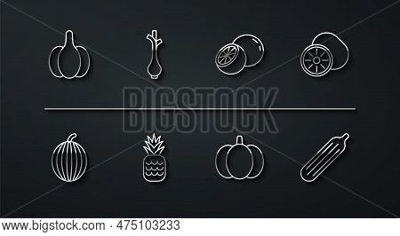 Set Line Garlic, Watermelon, Kiwi Fruit, Pumpkin, Pineapple, Fresh Green Onions, Cucumber And Orange