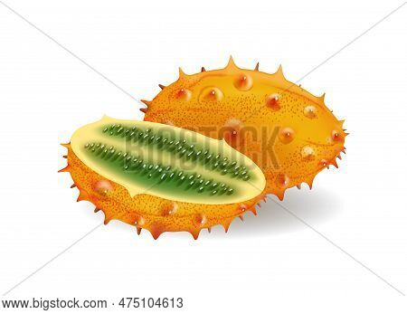 African Horned Cucumber. Cucumis Metuliferus Whole And Half Fruit Chunk Vector Illustration, Kiwano 