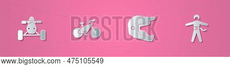 Set Paper Cut Atv Motorcycle, Bicycle, Motocross Helmet And Bungee Jumping Icon. Paper Art Style. Ve