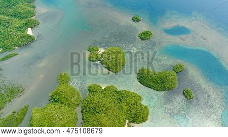 Top View Of Lagoon With Tropical Islands Bay With Hills. Sipalay, Negros, Philippines.