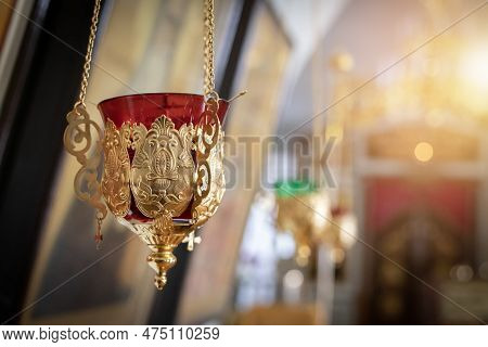 Pendant Oil Lamp In The Orthodox Church. Religious Paraphernalia. Orthodox Church. Oil Lamp Close Up