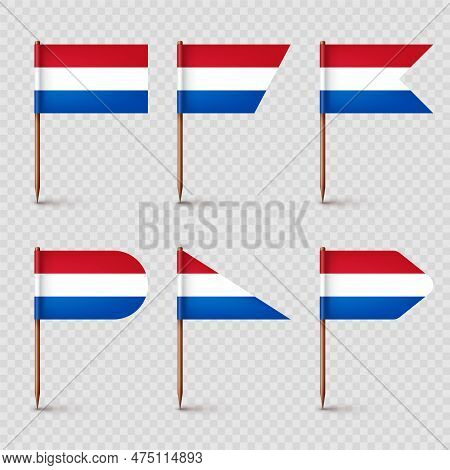 Realistic Various Dutch Toothpick Flags. Souvenir From Netherlands. Wooden Toothpicks With Paper Fla