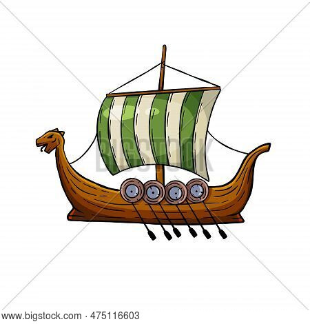Viking Boat. Nordic Drakkar, Swedish Warship. Cartoon Scandinavian Sailboat. Longship With Oars.