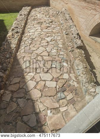 Merida, Spain - April 14th, 2023: Ancient Roman Road At Emerita Augusta City. View From National Mus