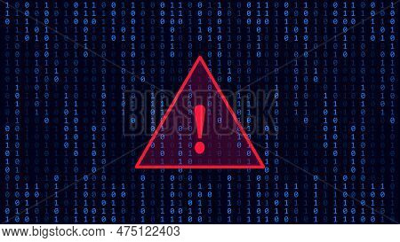 Technology Matrix Background With Danger Symbol. Cyber Security With System Hack Warning. Vector Blu