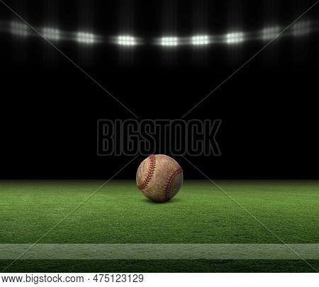 Baseball Ball On A Grass Field With Stripe And Black Background Under Lights