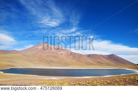 Laguna Miniques, One Of Stunning Deep Blue Lagoon On The Altiplano Of Antofagasta Region In Northern