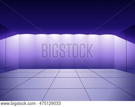 Color Vector Illustration In Dark Blue Tones Depicting An Illuminated Room In The Form Of A Stage Fo