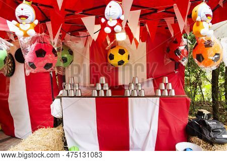 Antique Game Throwing And Shooting Balls To Cans Knockdown Of Local Carnival Funfair Festival For Th
