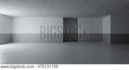 Abstract Large, Empty, Modern Concrete Room, Half Painted Walls, Indirect Light And Concrete Rough F